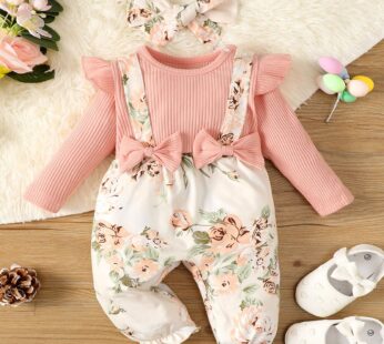 0-2-year-old newborn baby girl spring and autumn section pink shirt flower print one-piece trousers cute