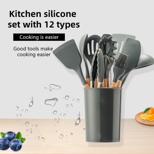 12-piece Set Wooden Handle Silicone Kitchen Utensils Silicone Kitchen Utensils Non-stick Pan Cooking Spatula Baking Storage Tool - Image 2