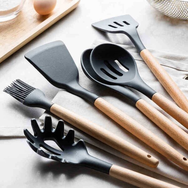 12-piece Set Wooden Handle Silicone Kitchen Utensils Silicone Kitchen Utensils Non-stick Pan Cooking Spatula Baking Storage Tool - Image 5