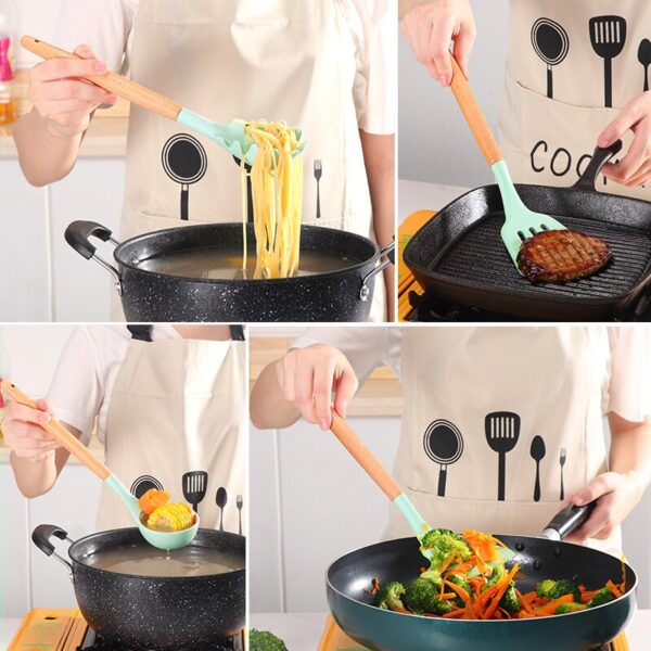 12-piece Set Wooden Handle Silicone Kitchen Utensils Silicone Kitchen Utensils Non-stick Pan Cooking Spatula Baking Storage Tool - Image 6