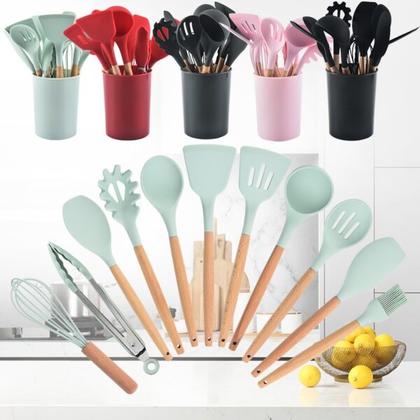 12-piece Set Wooden Handle Silicone Kitchen Utensils Silicone Kitchen Utensils Non-stick Pan Cooking Spatula Baking Storage Tool - Image 3